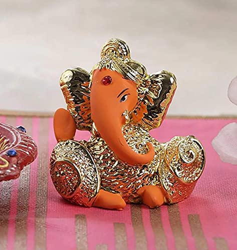 TIED RIBBONS Gold Plated Ganesh Statue (2.7 inch x 2.5 inch, Orange) Ganesh Idol for Home Décor car Dashboard – Diwali Decorations for Home and Diwali Gifts