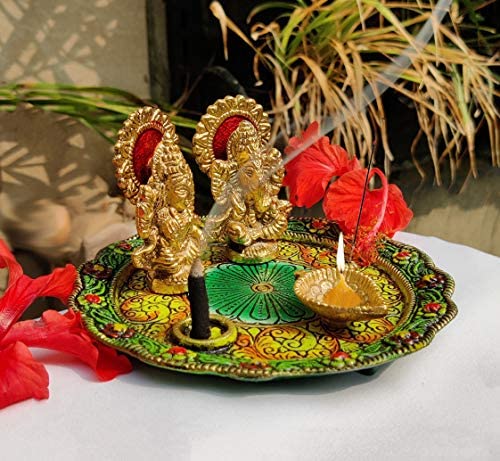 Aluminium Golden Color Plated Laxmi Ganesha Idol with Platter Plate for Puja Diwali Gift Religious Mandir Decorations Indian Hindu Pooja Statue Thali…