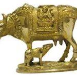 Brass Kamdhenu Cow with Calf Statue Laxmi Ganesha Brass Nandi Idol Kamadhenu for Good Luck, Prosperity Gift, Home Décor for Diwali Gifts Sculpture Statue Gold Polish Small Size- 5 inch