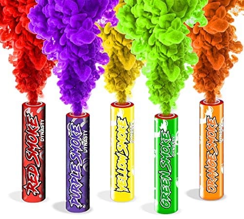 Dynastyparty Smoke Bomb Grenades - Pack of 5 Ring Pull Smoke Flares - Red, Purple, Yellow, Green, Orange - Weddings, Gender Reveals, Photography