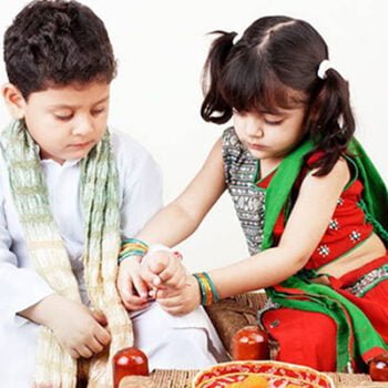 Sister tying rakhi on brother's wrist